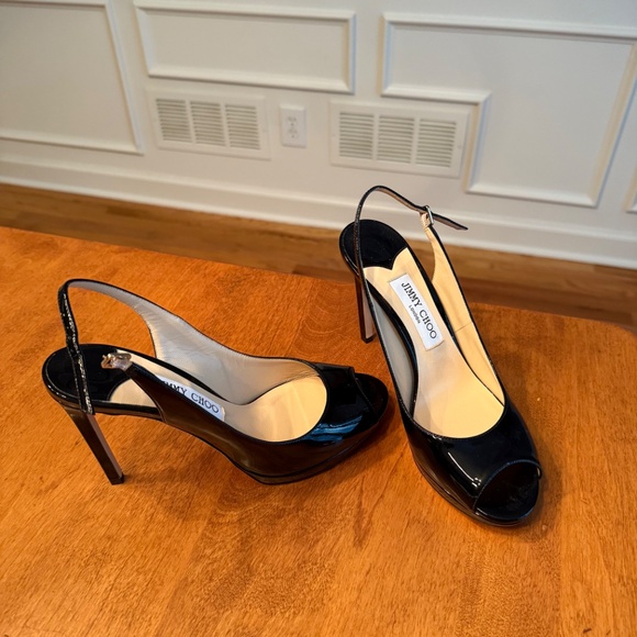 Jimmy Choo Nova 100 Black Patent Leather Peep Toe Pumps size 38.5 - Picture 3 of 5